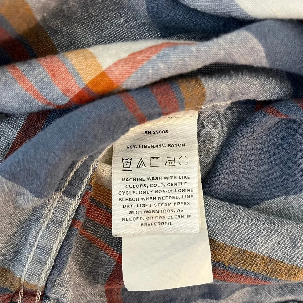 Pendleton Mens Blue Orange Plaid Linen Rayon Button‎ Down Shirt Size M
